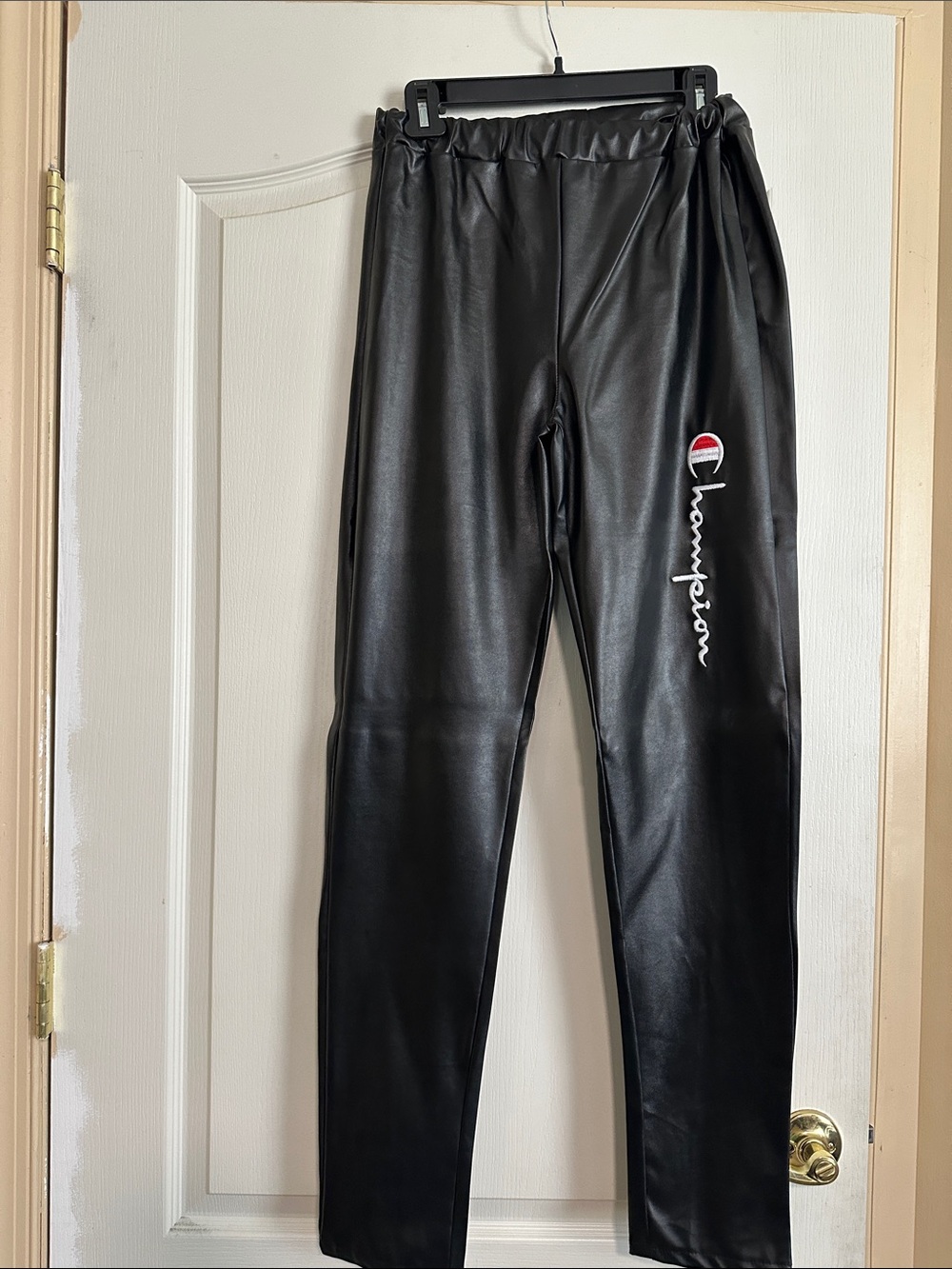Champion Black Faux-Leather Straight Leg Pants with Script Logo